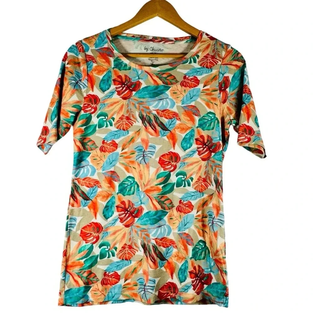Chico's Colorful Floral Crew Neck 100% Cotton Short Sleeve T-Shirt Size Small